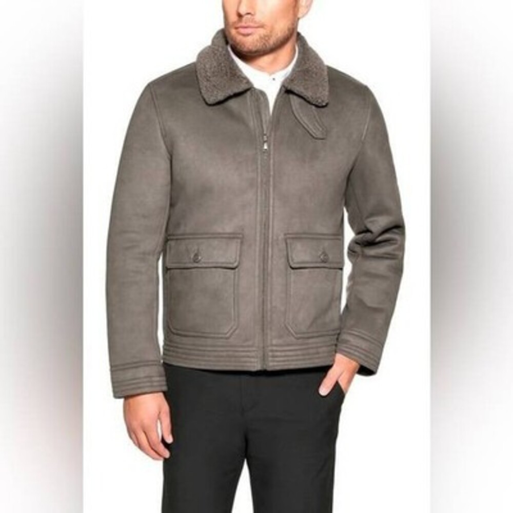 Club Room Faux-Suede Jacket Men's M Gray Spread Collar Zip Closure Long Sleeves